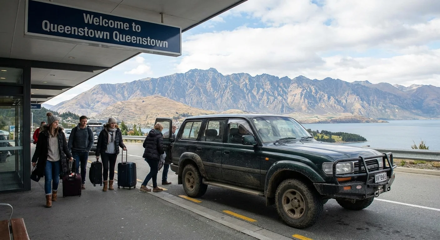 Traveller arriving at Queenstown Airport ready to pick up a 4WD SUV rental