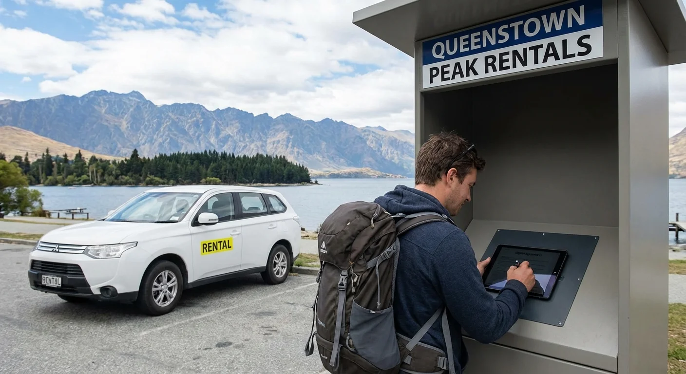 Happy travellers receiving keys for their rental car at Queenstown Airport