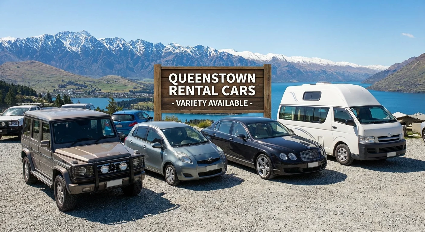 Lineup of rental cars including SUVs and compact cars in Queenstown parking lot