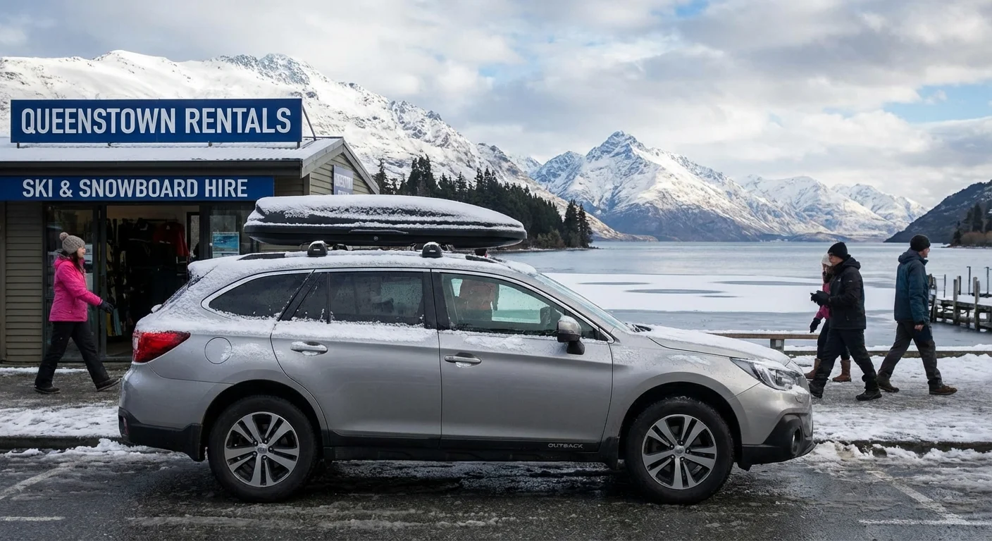 A rental car parked by Lake Wakatipu with Queenstown town and mountains in the background under soft daylight