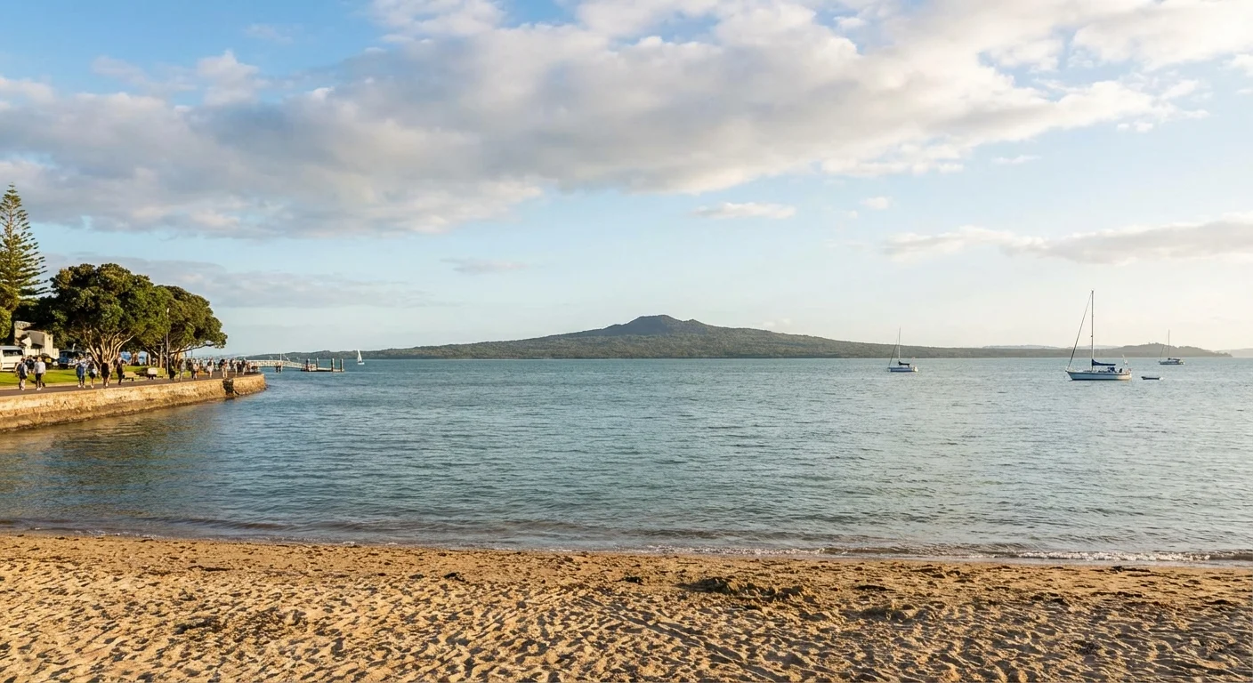 Scenic view of Rangitoto Island from Mission Bay Beach in Auckland