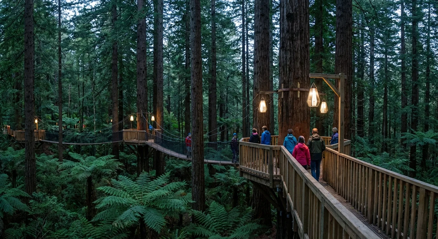 Suspension bridges among towering redwood trees at Rotorua’s Redwoods Tree Walk