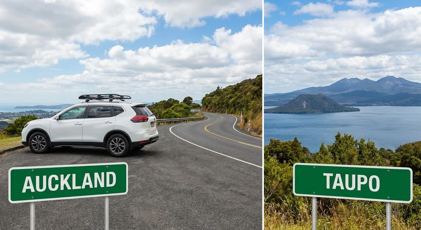 Small rental car parked with Lake Taupō and mountains in the background