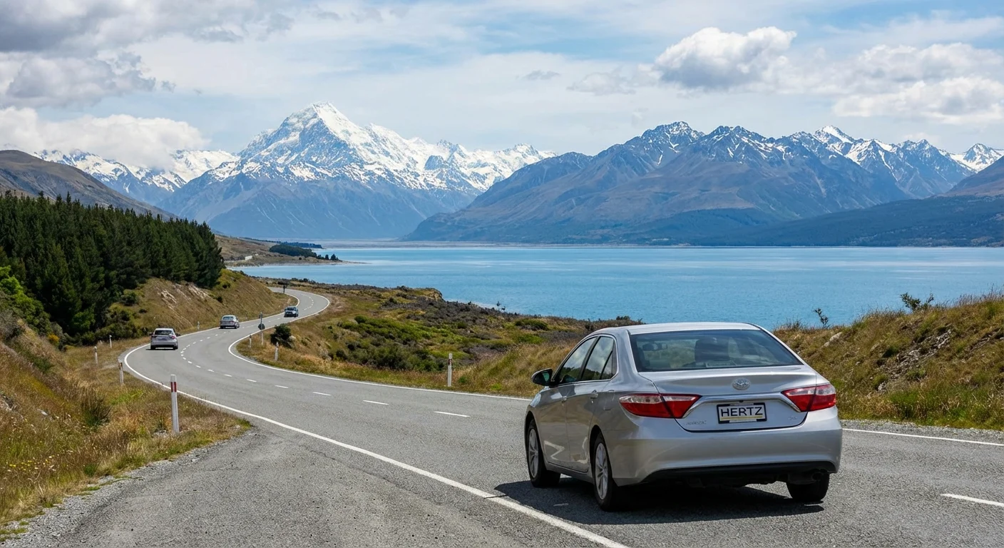 Rental car driving on a scenic road towards an Auckland lake