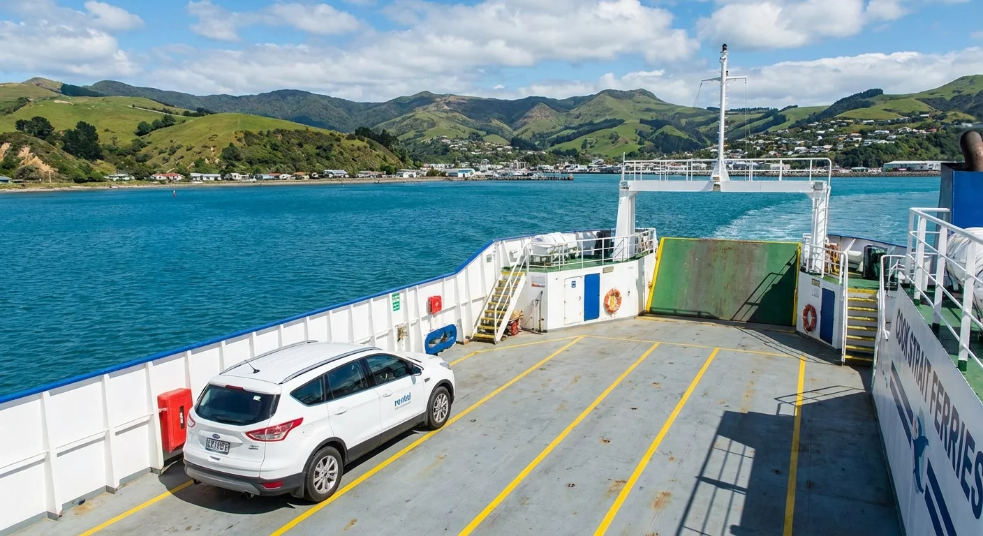 Rental car parked near ferry terminal ready for North to South Island trip