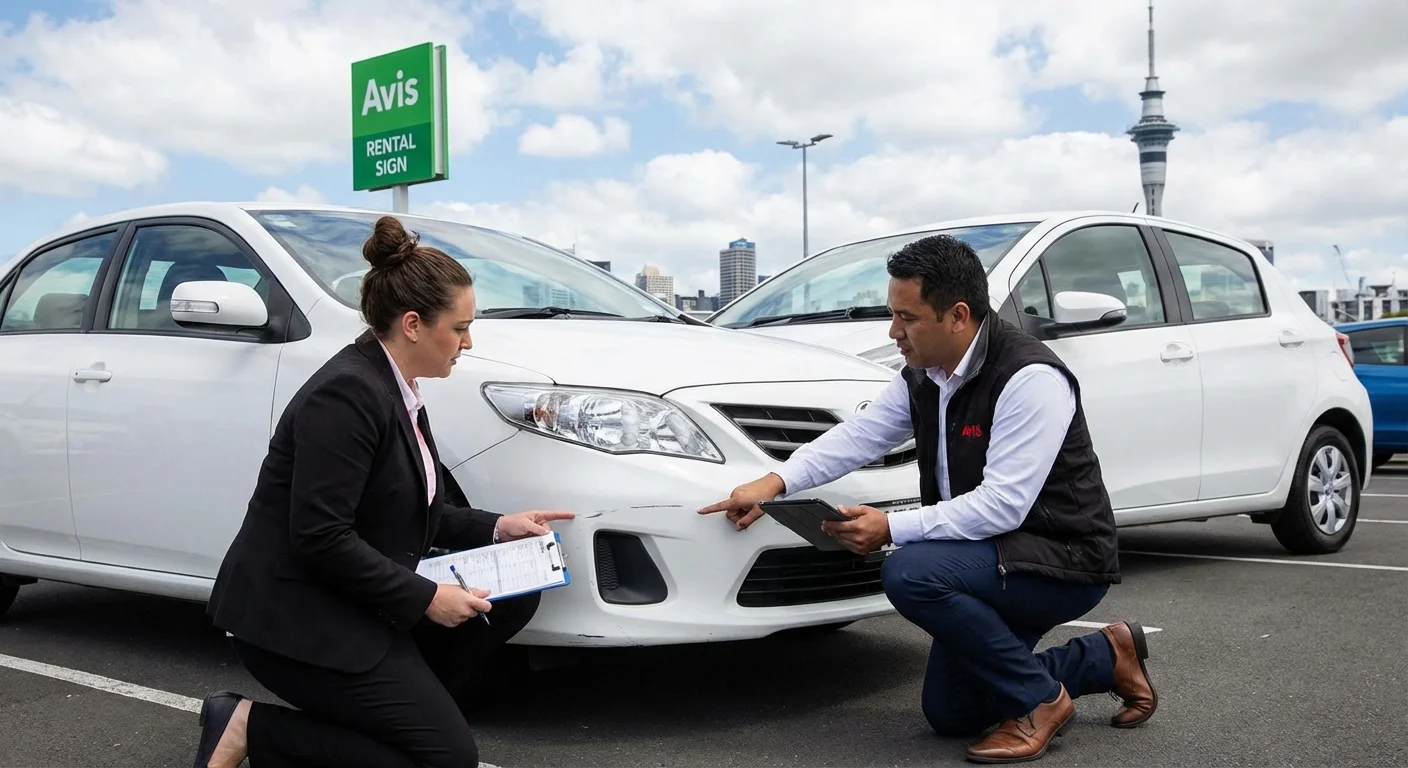 Driver inspecting rental car at Auckland Airport parking
