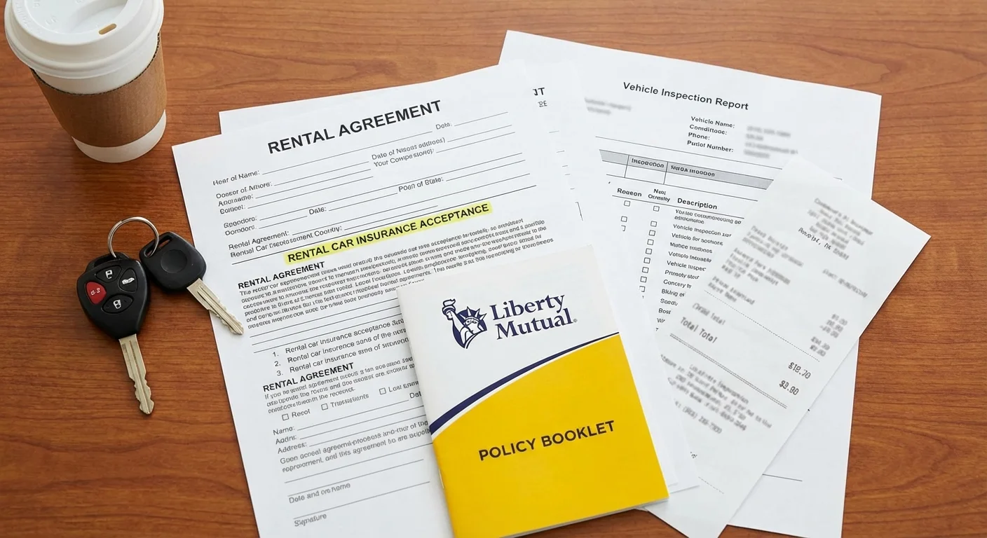 Rental car insurance documents and a driver’s licence on a table