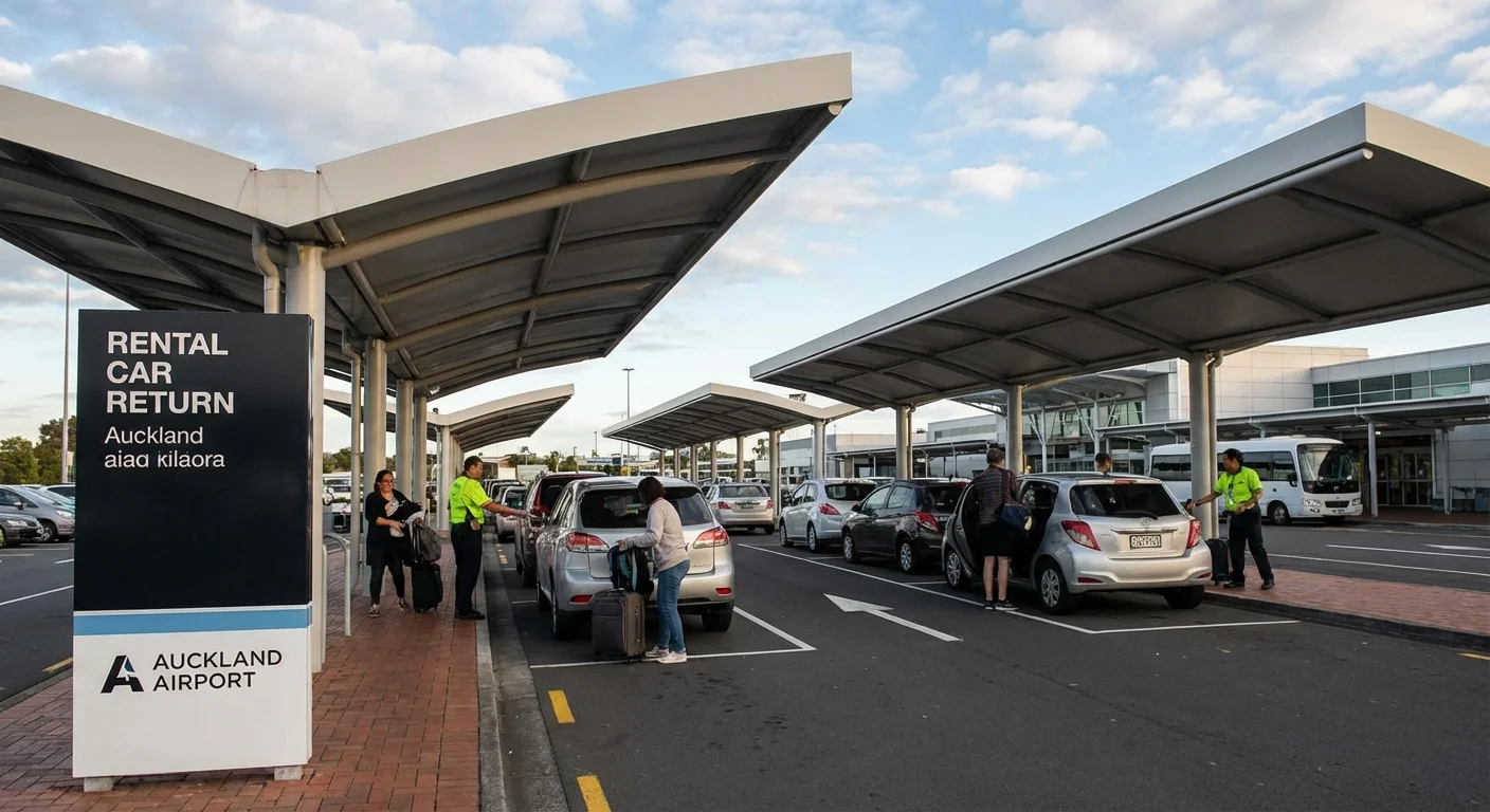 Rental car ready for pickup outside Auckland Airport terminal