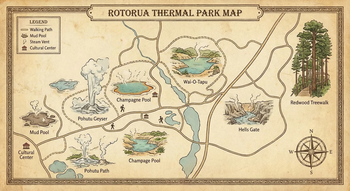 Map showing key Rotorua geothermal and cultural attractions with driving routes