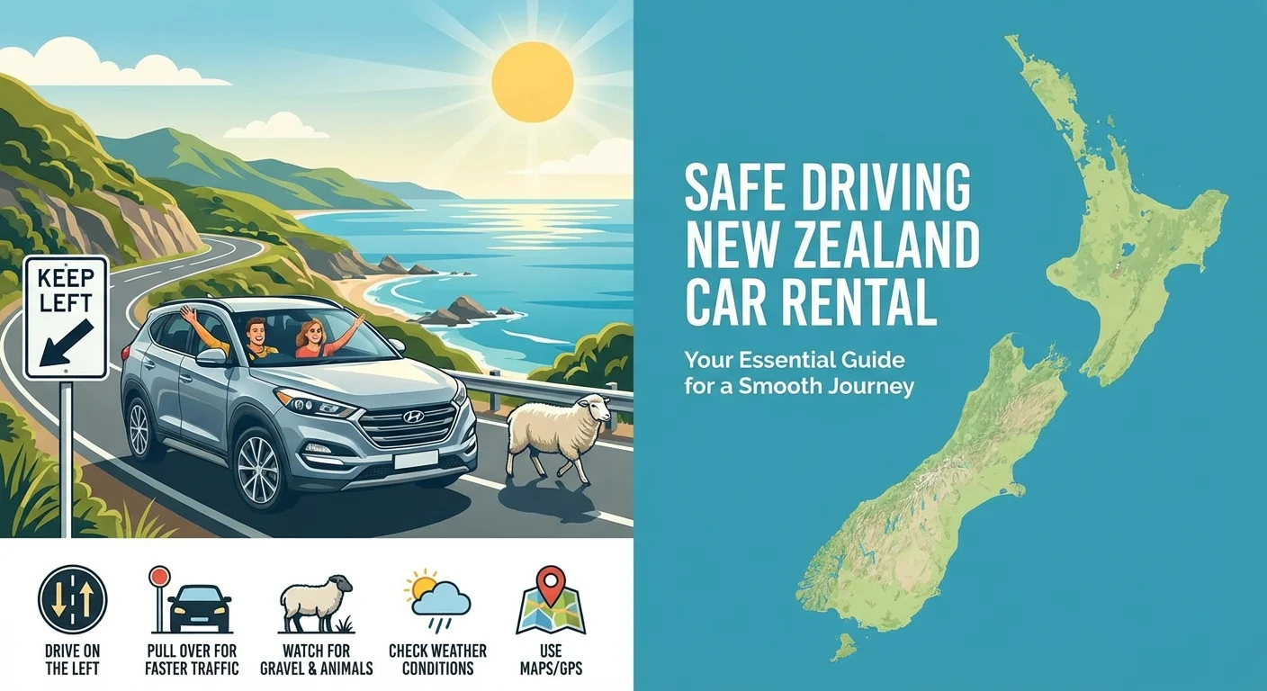 Safe driving on a scenic New Zealand road with rental car