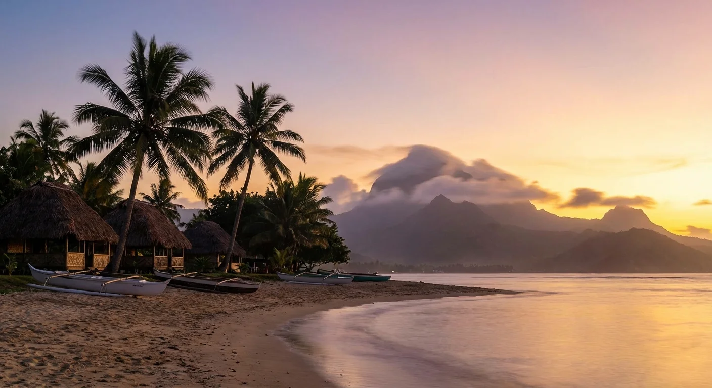 Early morning sunrise over a Samoan beach with palm trees and calm ocean waters