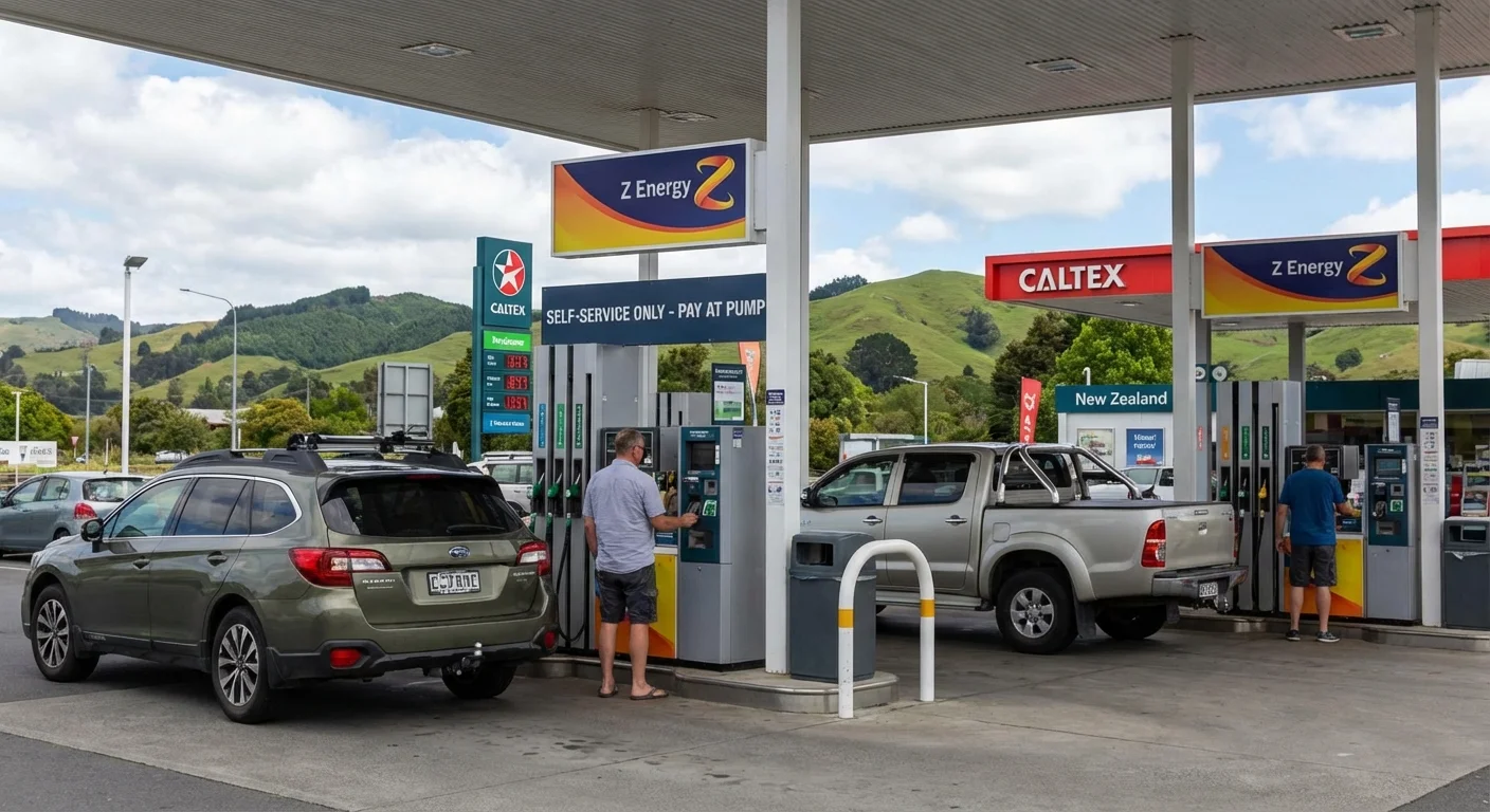 Self-service petrol station in New Zealand with cars refuelling