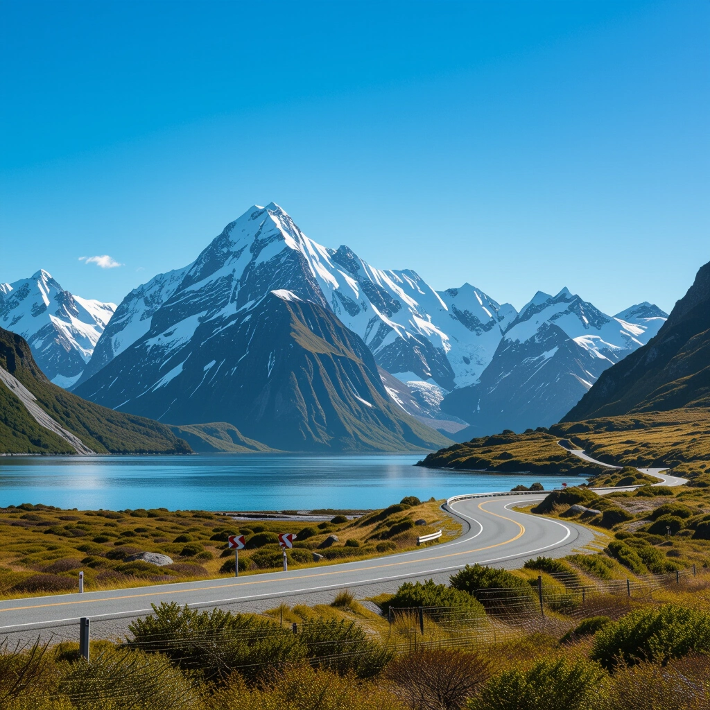 Winding highway with mountains and green hills in New Zealand