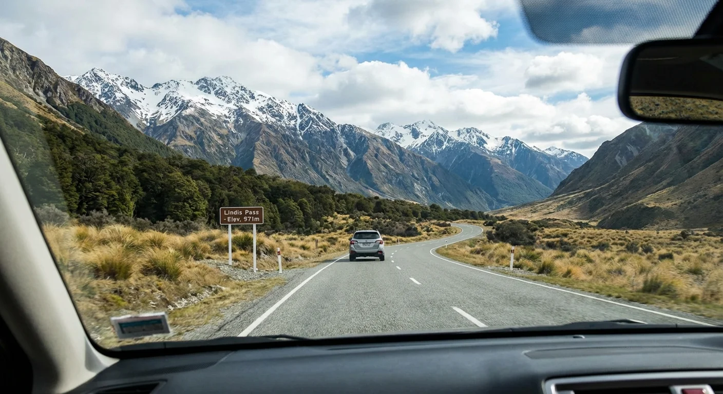Rental car driving along a mountain road near Wanaka with clear skies