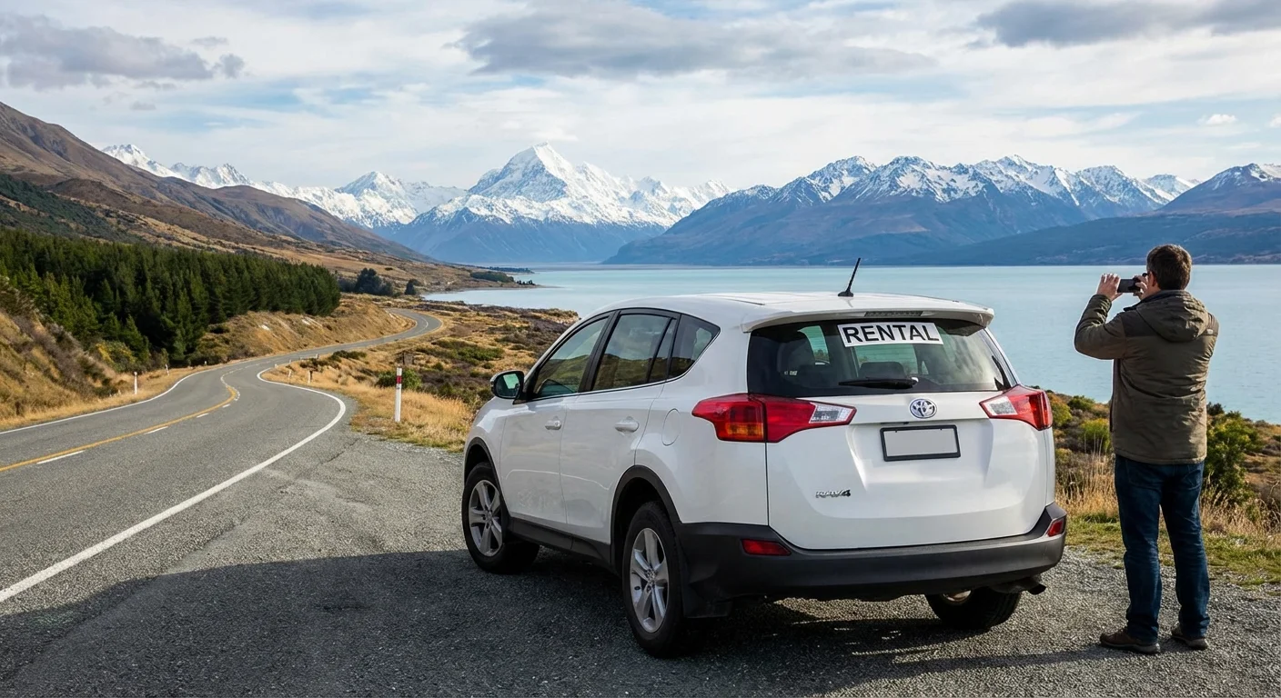SUV rental car parked with South Island mountainous landscape in background