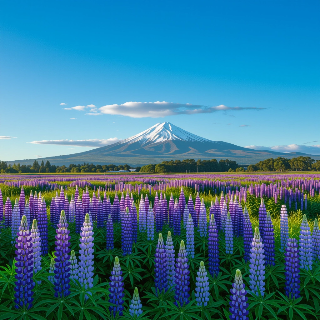 Field of colorful lupins blooming in Rotorua during spring with volcanic hills in background