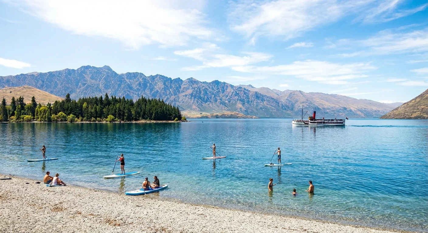 Sunlit summer day at Lake Wakatipu near Queenstown with hikers and boats