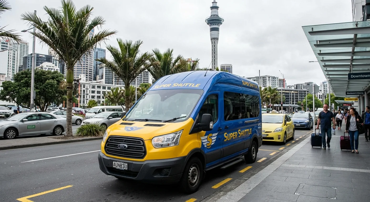 Super Shuttle vehicle driving through Auckland streets