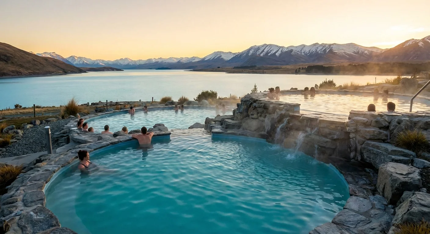 Tekapo Springs hot pools with views of Lake Tekapo and mountains