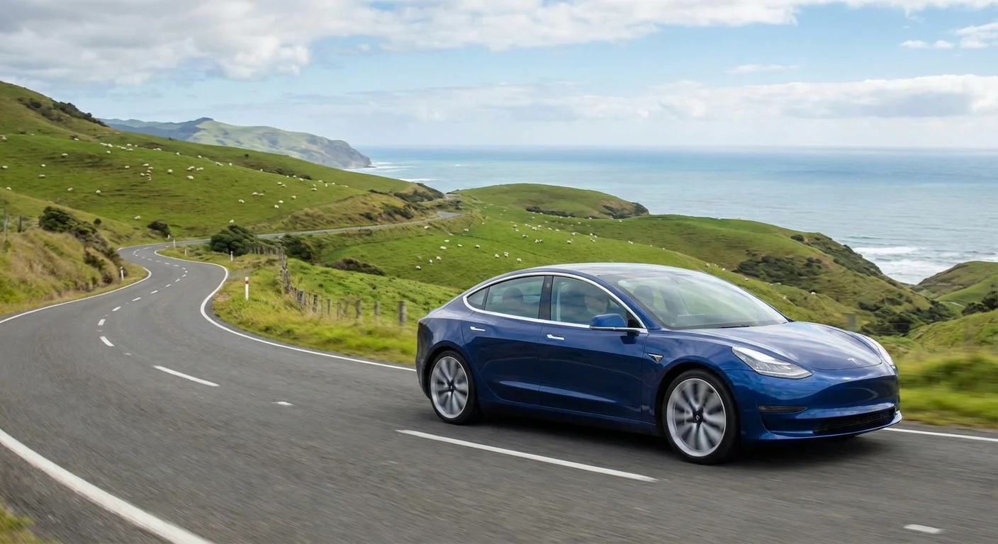 Tesla Model 3 driving on scenic New Zealand road