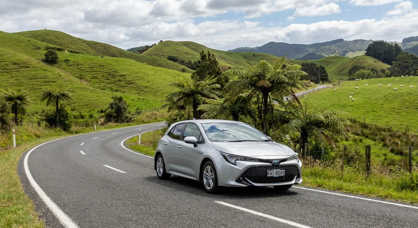 Toyota Corolla Hybrid driving on a scenic New Zealand road