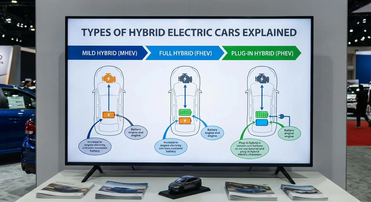 Diagram showing petrol hybrid, mild hybrid, plug-in hybrid, and electric vehicle types