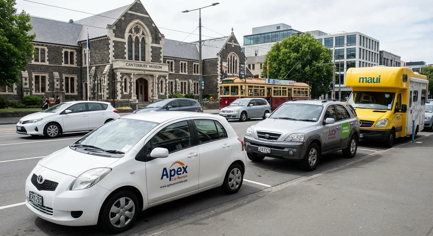 Selection of rental cars including compact, SUV, and van at Christchurch rental branch