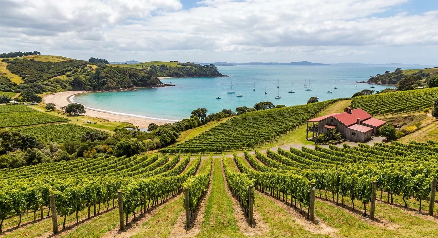 Vineyards and coastal views on Waiheke Island under clear blue sky