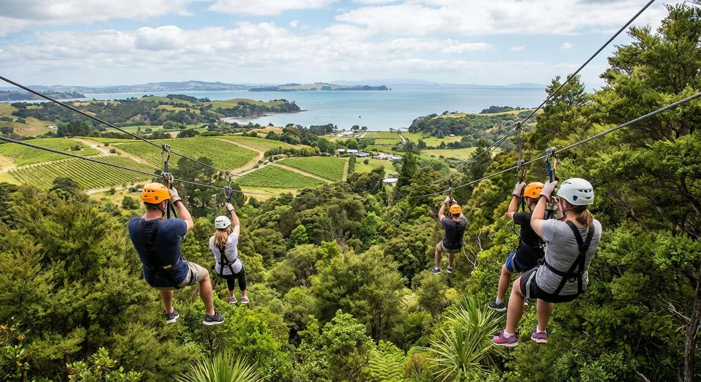 Person ziplining through forest canopy on Waiheke Island