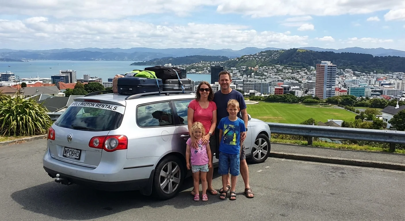 Family enjoying a rental car road trip near Wellington