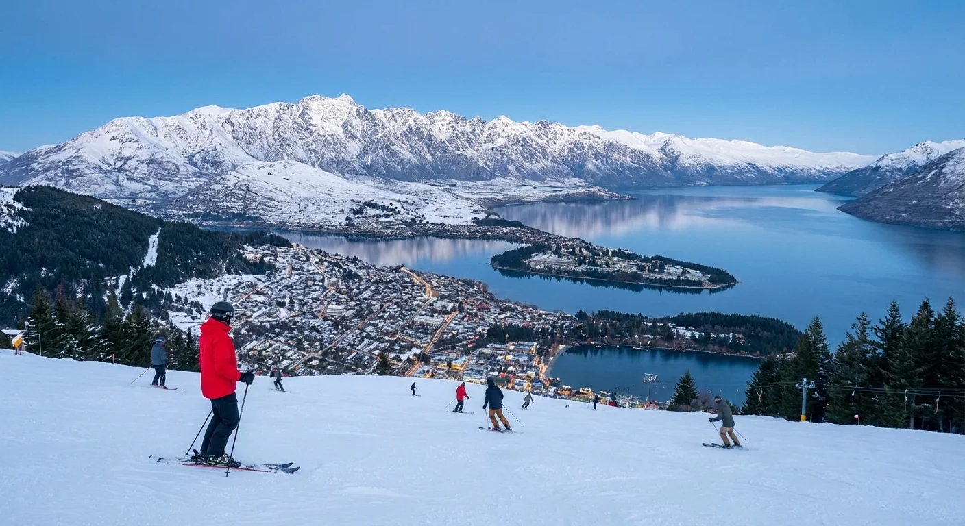Snow-covered ski slopes near Queenstown with skiers and mountain views
