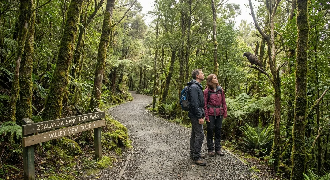 Visitors walking on a boardwalk through native bush in Zealandia eco-sanctuary