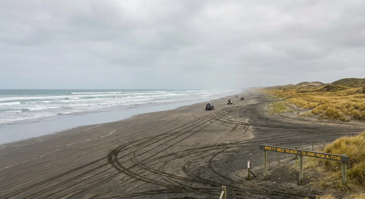 90 Mile Beach NZ: Ultimate Guide to Te-Oneroa-a-Tōhē in Northland 1 Wide sandy coastline of 90 Mile Beach with waves rolling in under a blue sky