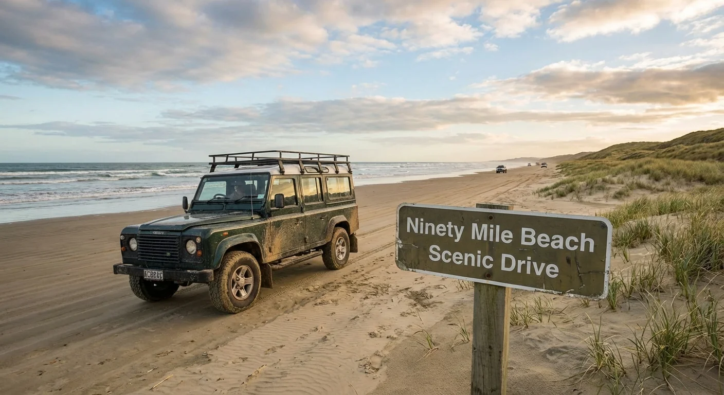 90 Mile Beach NZ: Ultimate Guide to Te-Oneroa-a-Tōhē in Northland 3 4WD vehicle driving on 90 Mile Beach sand with ocean waves and blue sky
