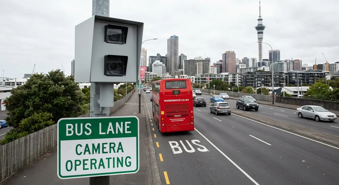 Bus lane camera mounted on lamp post monitoring traffic in Auckland