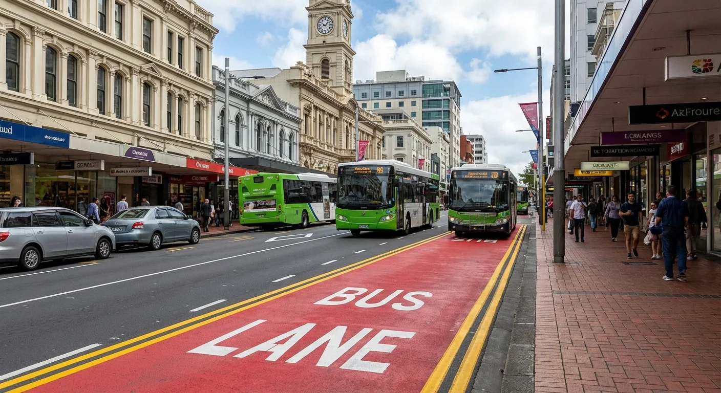 Bus lane running along Queen Street in Auckland with buses and cars