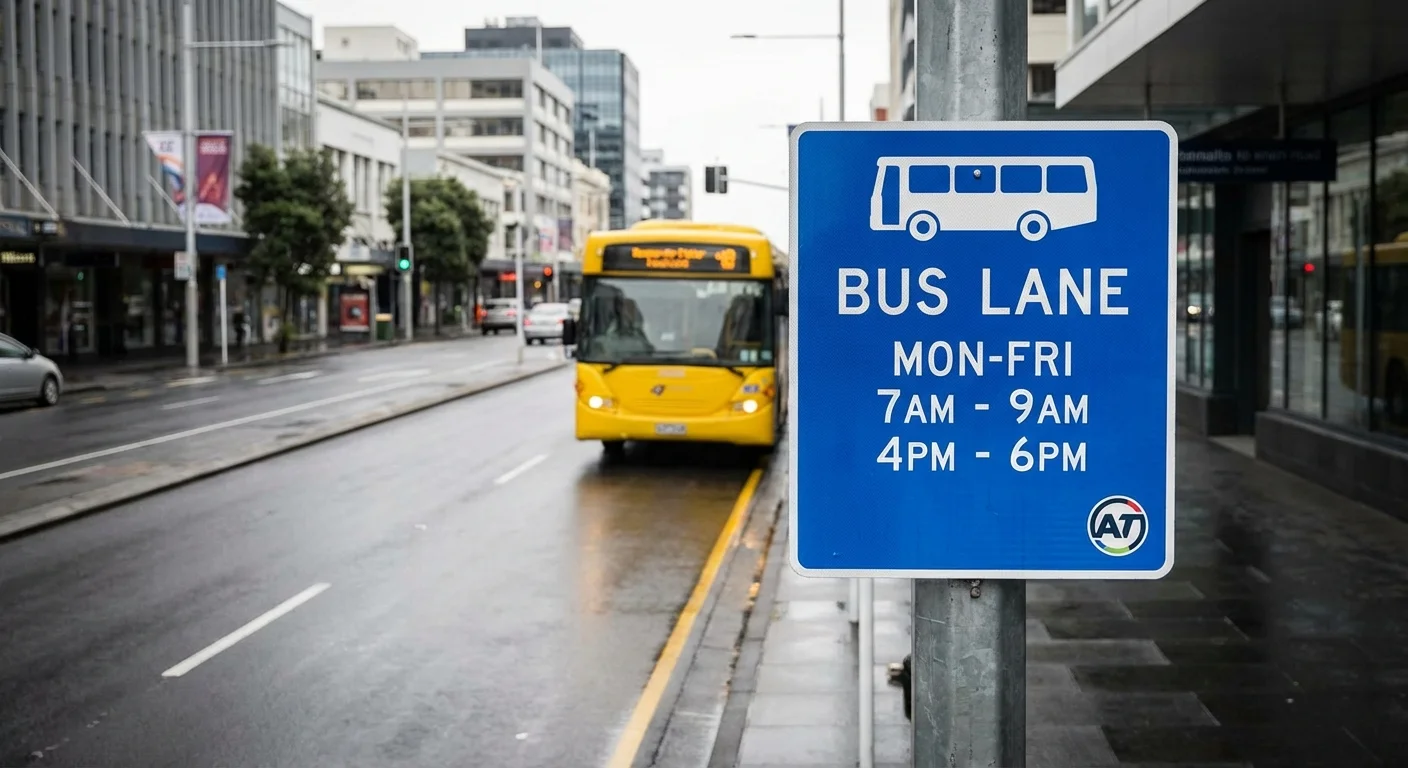 Bus lane restriction signage on East Coast Road, Auckland