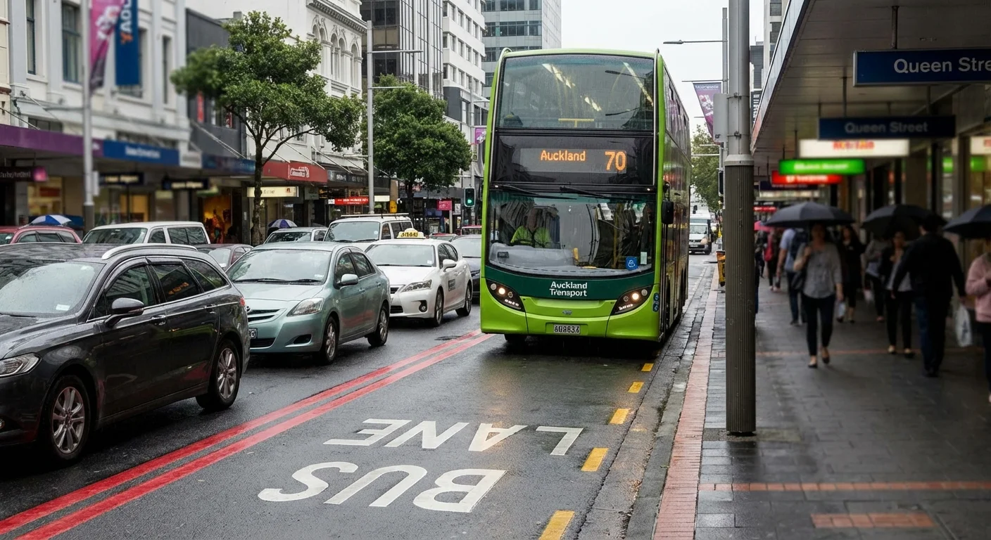 Smooth flowing traffic with buses using dedicated bus lanes in Auckland