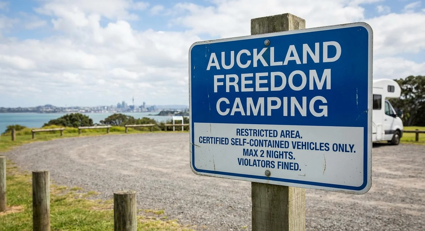 Official Auckland Council freedom camping rules sign at a campground entrance