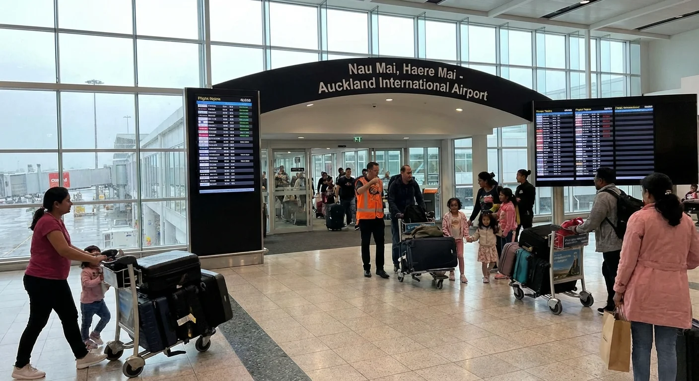 Passengers at Auckland Airport terminal preparing for a flight