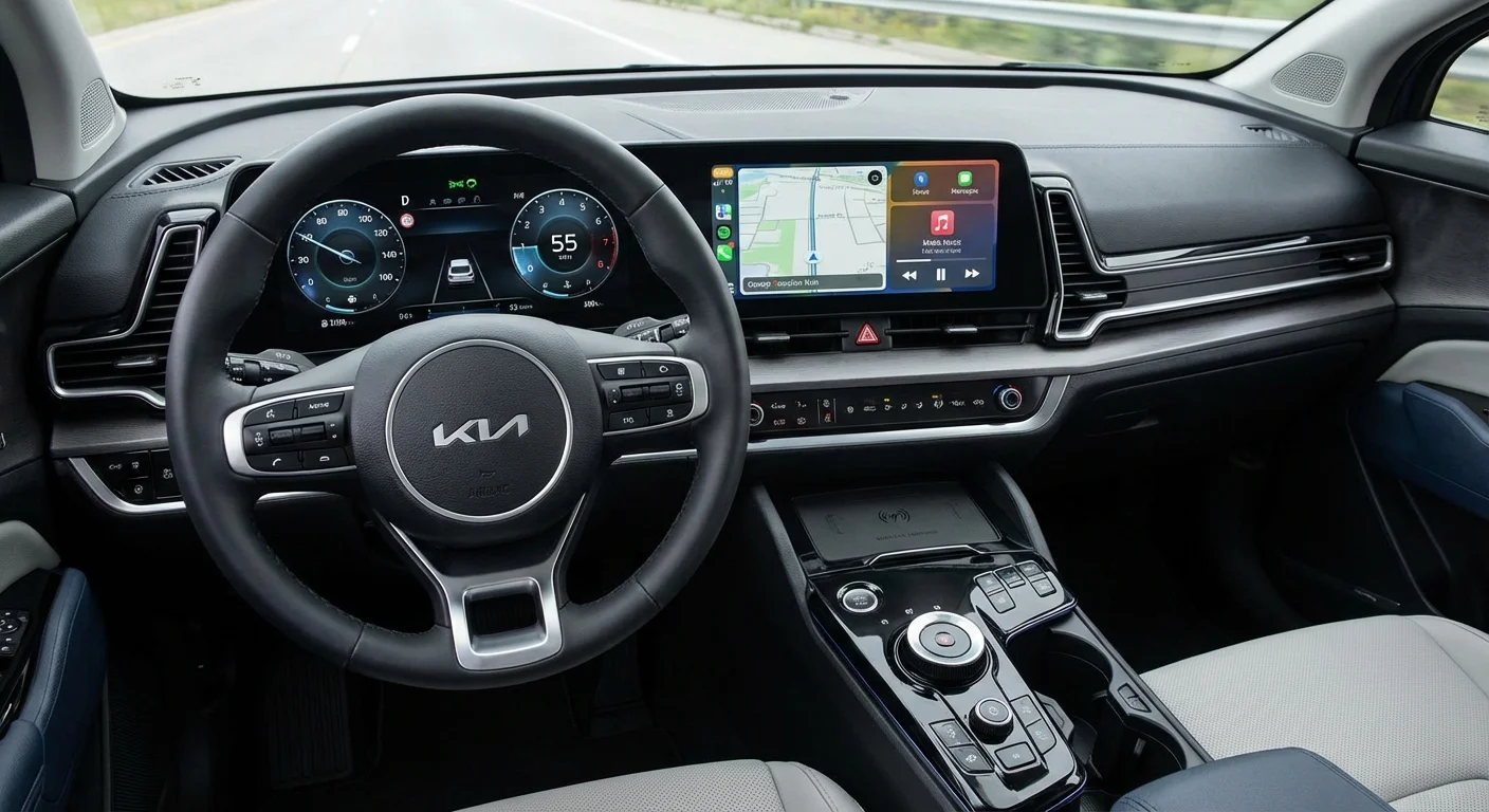 Close-up of an automatic car dashboard with gear selector and hill-hold assist indicator