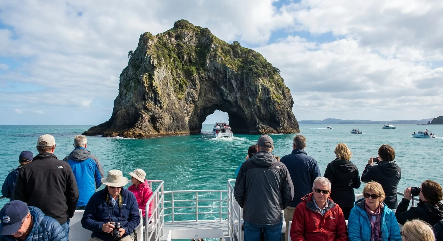 Boat passing through the Hole in the Rock at Motukiekie Island