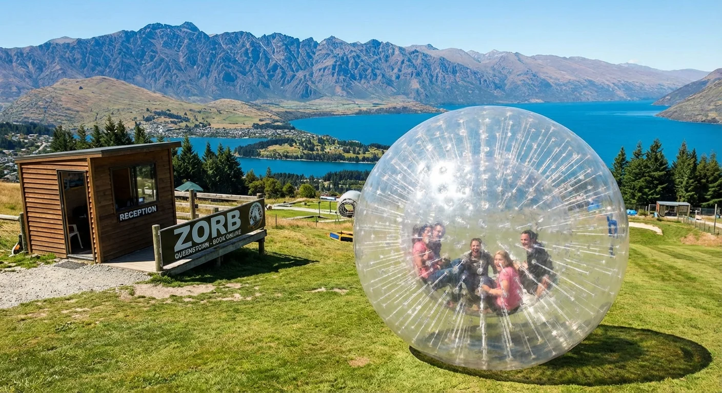 Happy travellers booking zorbing and rental car in Queenstown