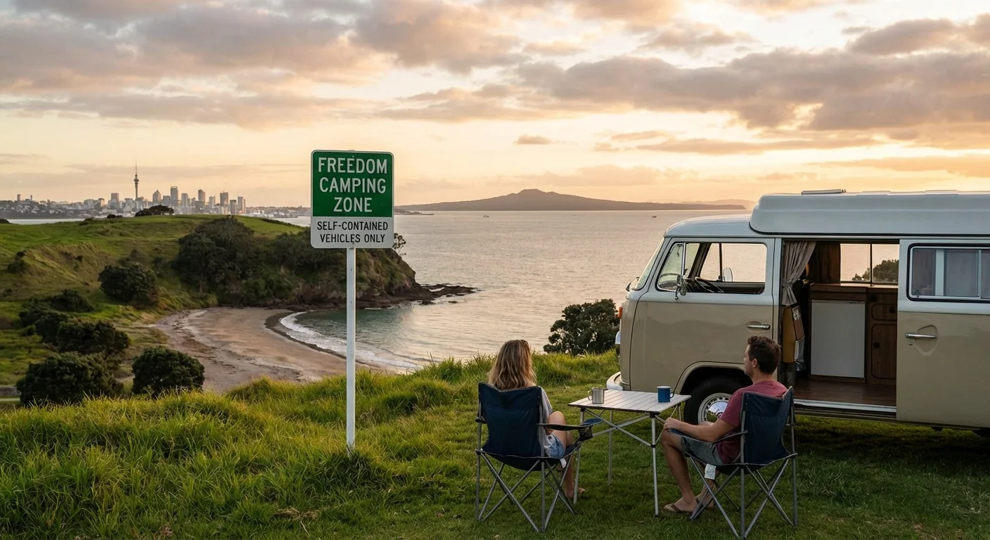 Self-contained campervan parked at a scenic Auckland freedom camping site