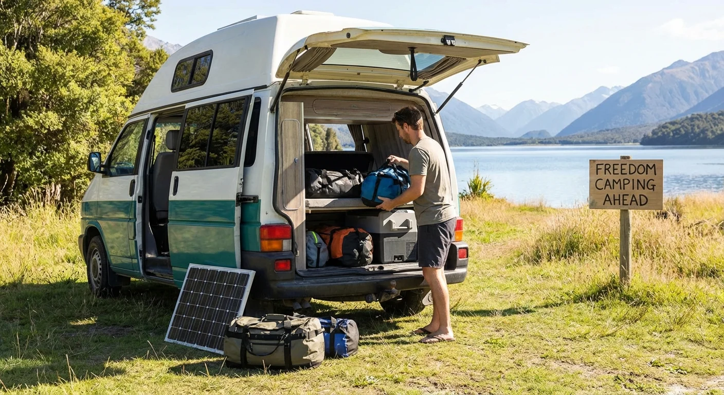 Packed campervan ready for freedom camping trip in New Zealand