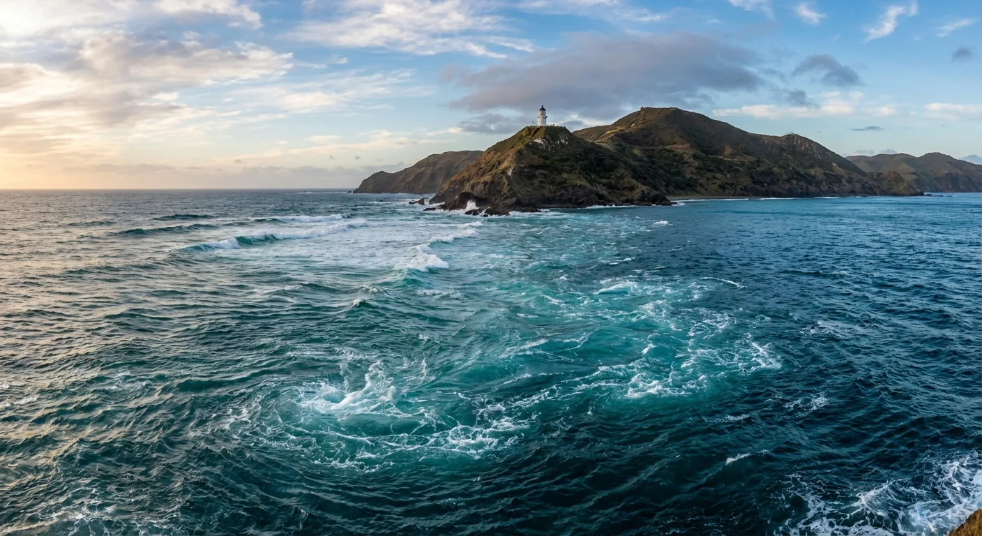 Aerial view of swirling meeting point of Tasman Sea and Pacific Ocean at Cape Reinga