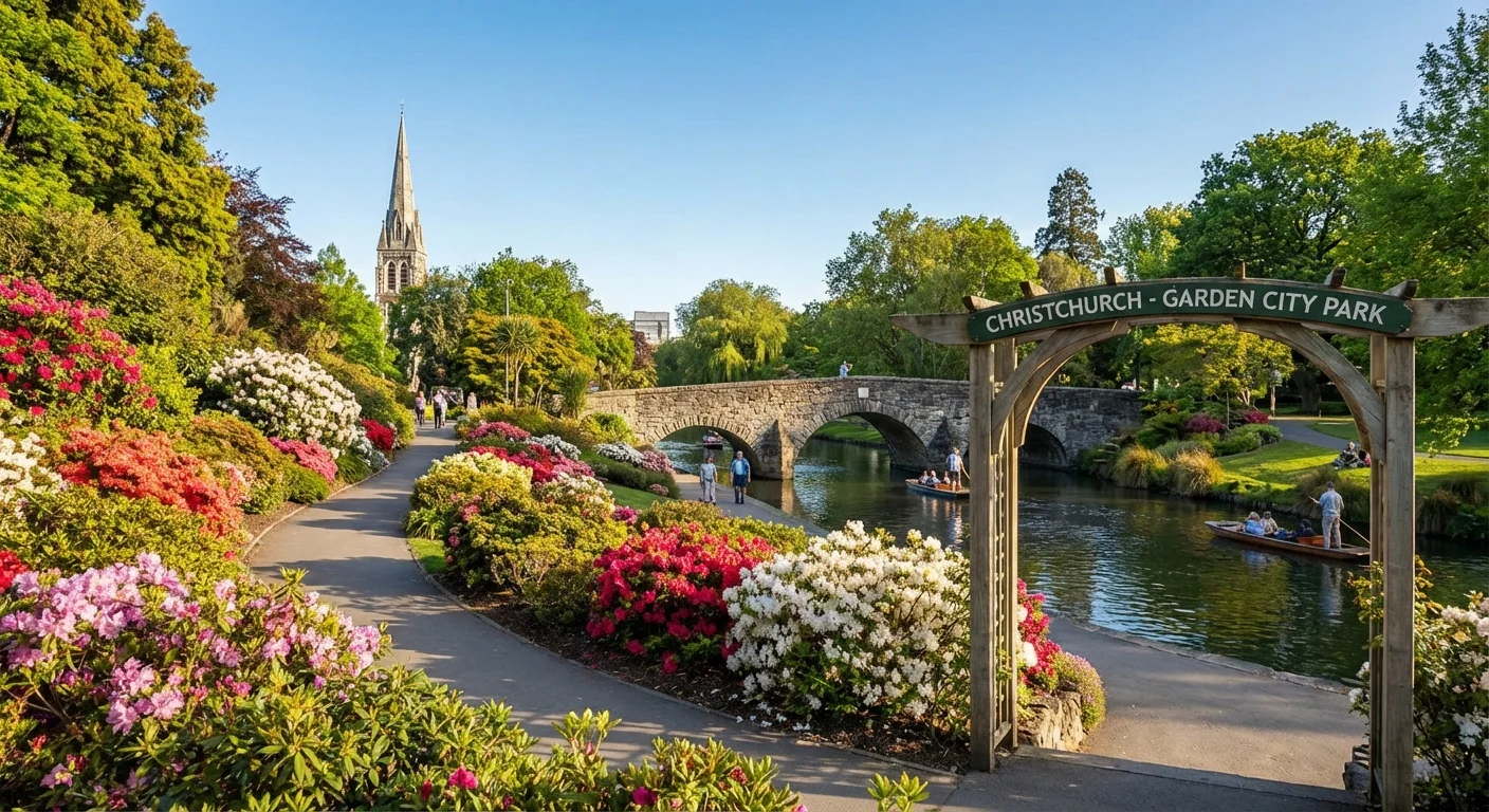 Wide-angle view of Christchurch park with flowers and city buildings