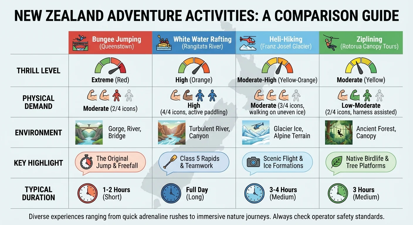 Collage of zorbing, Maori village, bungy jumping, and jet boating in New Zealand