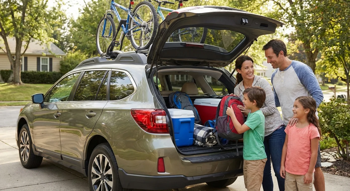 Family packing a small rental car for a day trip near Auckland
