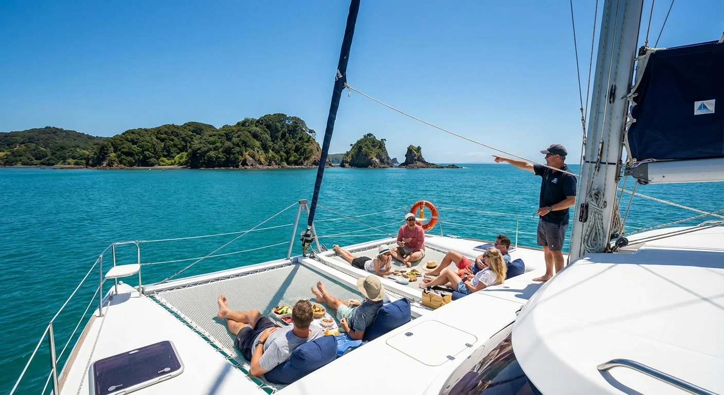 Sailing boat cruising Bay of Islands with passengers enjoying the sun
